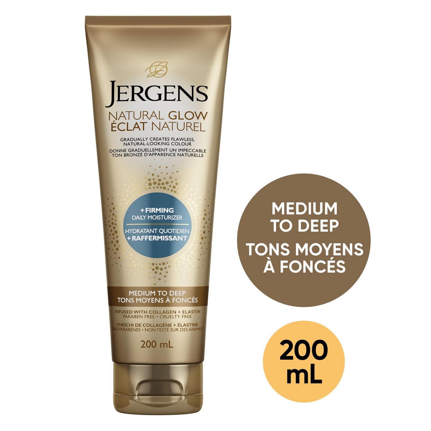 Hydratant quotidien Éclat Naturel + Raffermissant de Jergens pour la peau sèche, tons moyens à foncés (200 ml) Tons moyens à bronzés 200 ml
