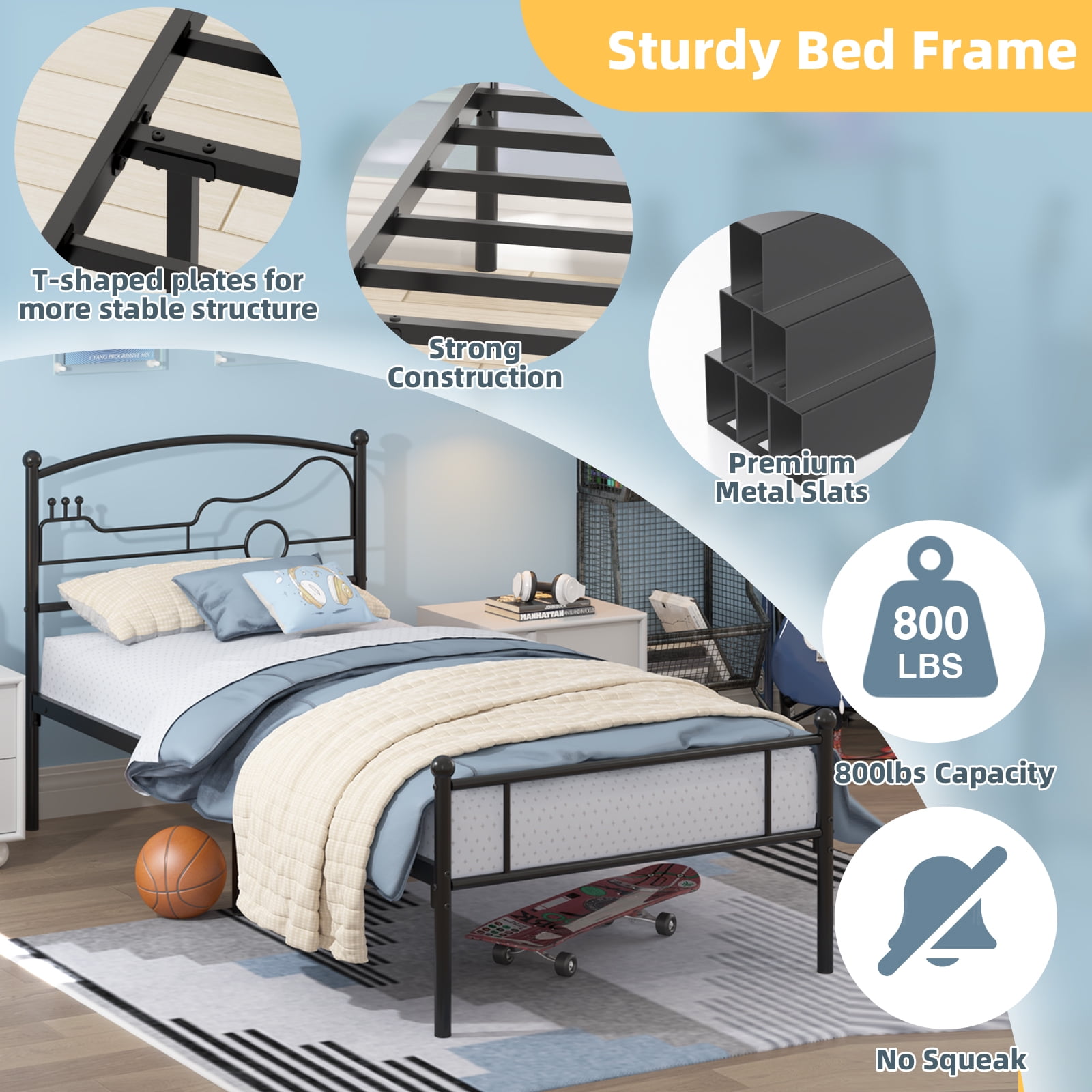 Yoneston Twin Size Platform Bed with Guitar Headboard Heavy Duty Metal Bed Frame for Boys Kids Teens Bedroom Furniture, Black