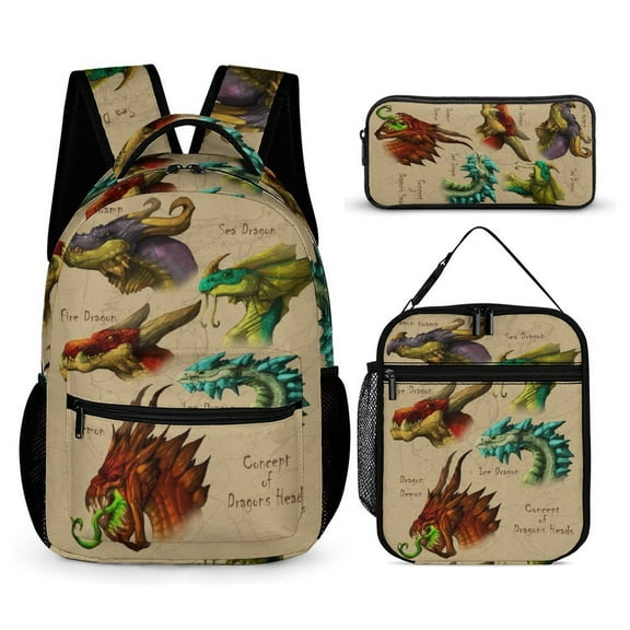 3-PieceTypes of Dragon Knowledge Large Capacity Anime Backpack with Lunch Bag & Pen Case | Casual Schoolbag for Travel, Outdoor, Fashion Daypack
