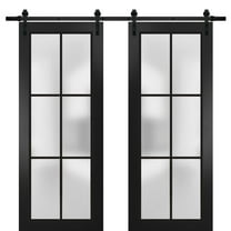 Sturdy Double Barn Door 48 x 96 inches | Planum 2122 Matte Black Frosted Glass | 13FT Rail Hangers Heavy Set | Solid Panel Interior Doors