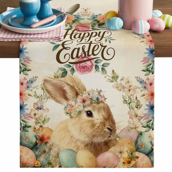 Happy Easter Table Runner, Vintage Spring Rabbit Colored Eggs Floral Cotton Linen Kitchen Table Decoration Washable Dining Tabletop Runners for Home Party Decor 13x48 Inches