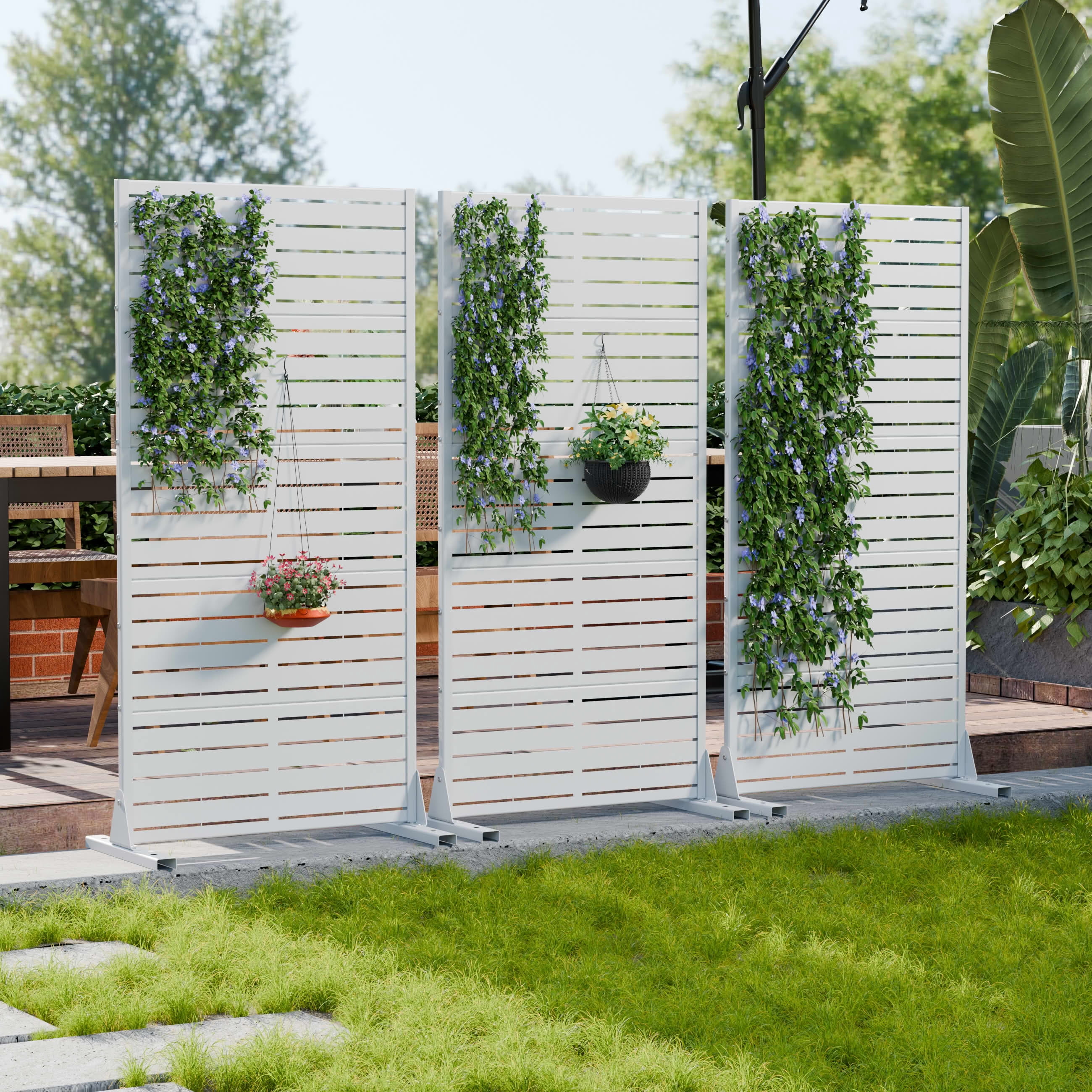 MAYEERTY Outdoor Metal Privacy Screen 5ft x 2.5ft White, 5-Panel Louvered Galvanized Iron, Rust-Resistant for Balcony