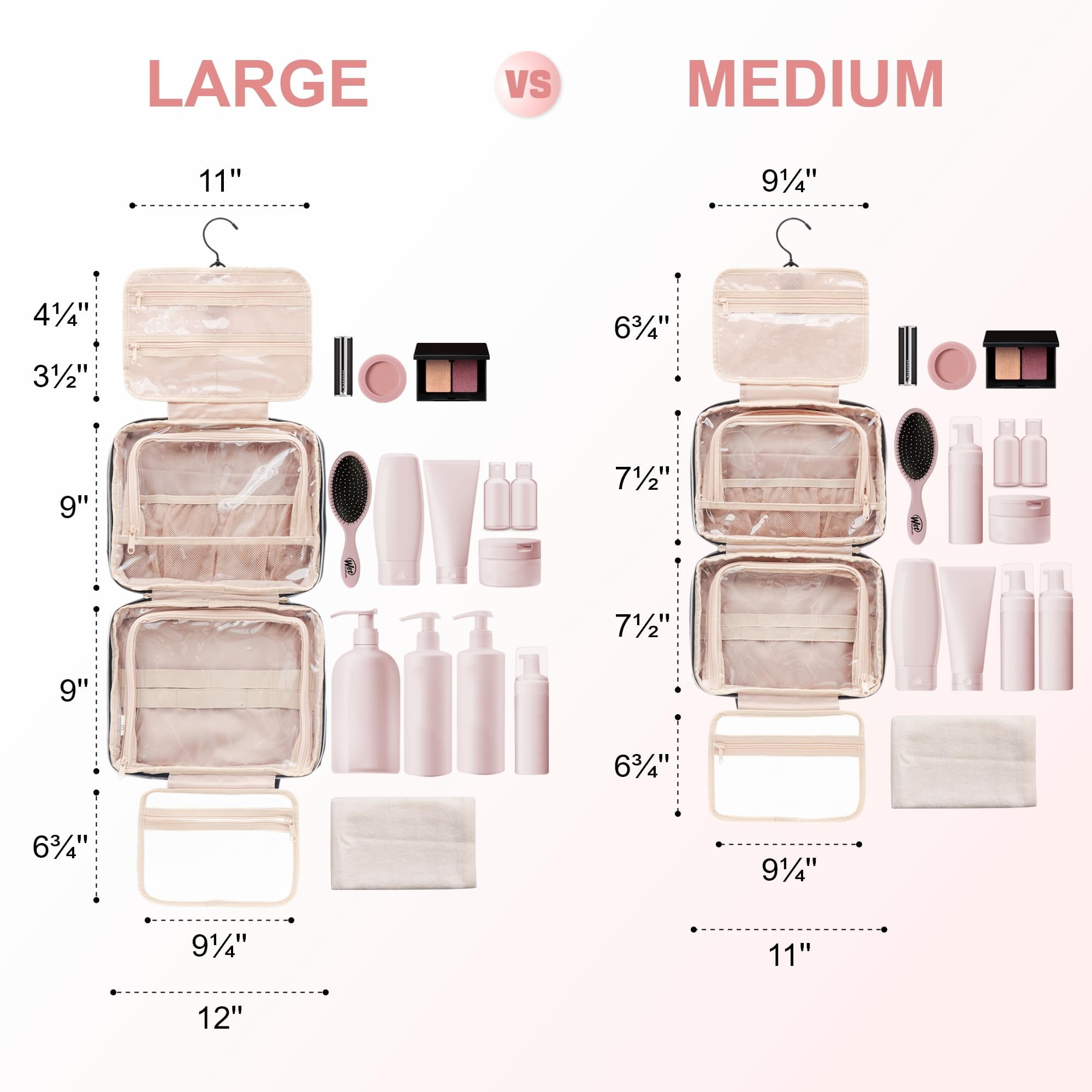 EVERFUN Large Travel Makeup Bag for Women Hanging Toiletry Bag Full Size Cosmetic Organizer Kit Pink