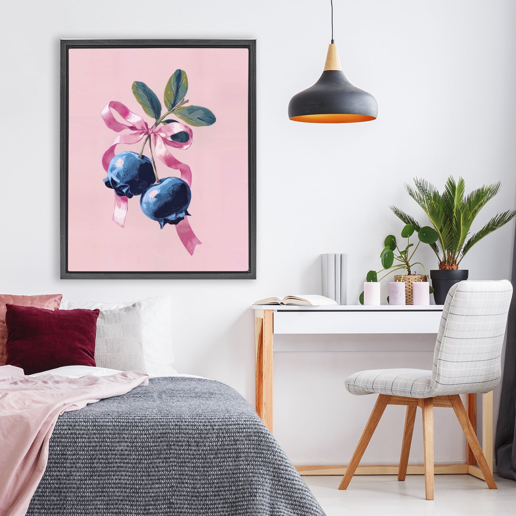 Stupell Industries Blueberry Branch with Pink Bow Black Framed Floater Canvas Wall Art, design by Imagine It Images