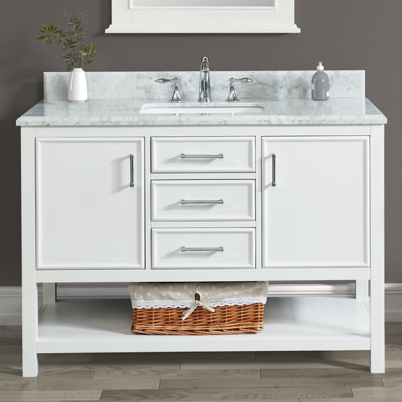 Manhattan 48" Single Bathroom Vanity, 49" W x 22" D x 34.5" H, Carrara Marble Top with Sink & Backsplash, Dove White, Solid Wood, Pre-Assembled, 3 Soft-Close Drawers, 2 Doors,1 Shelf