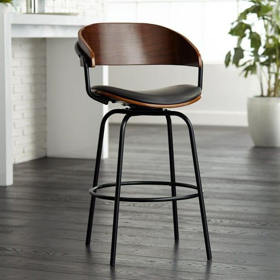 Elm Lane Larsen Black Swivel Bar Stool 26" High Mid Century Modern Faux Leather Cushion with Walnut Backrest Footrest for Kitchen Counter Height Home