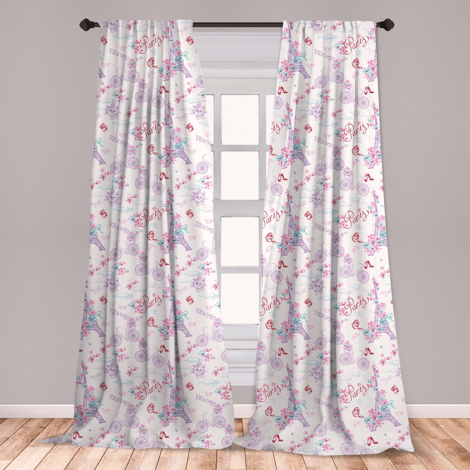 Romantic Curtains 2 Panels Set, Vintage European Paris Eiffel Tower with Flowers Floral Swirls