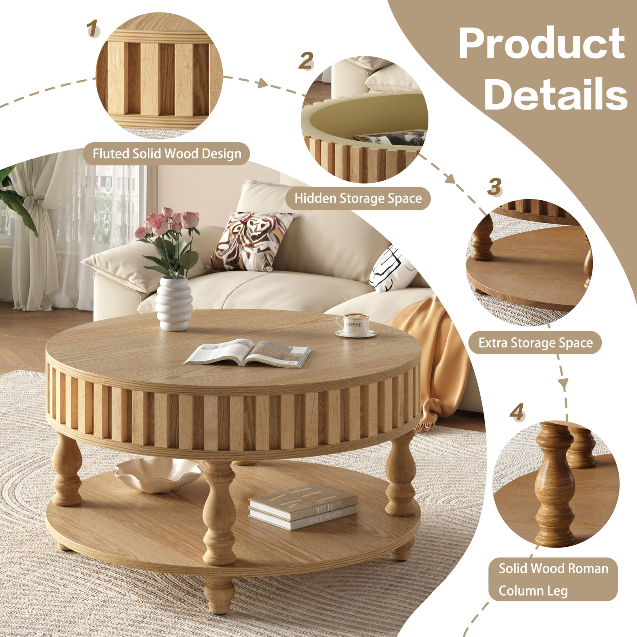 Noble house Farmhouse Fluted Coffee Table with Flip-Top Storage, Solid Wood Legs,Natural Wood