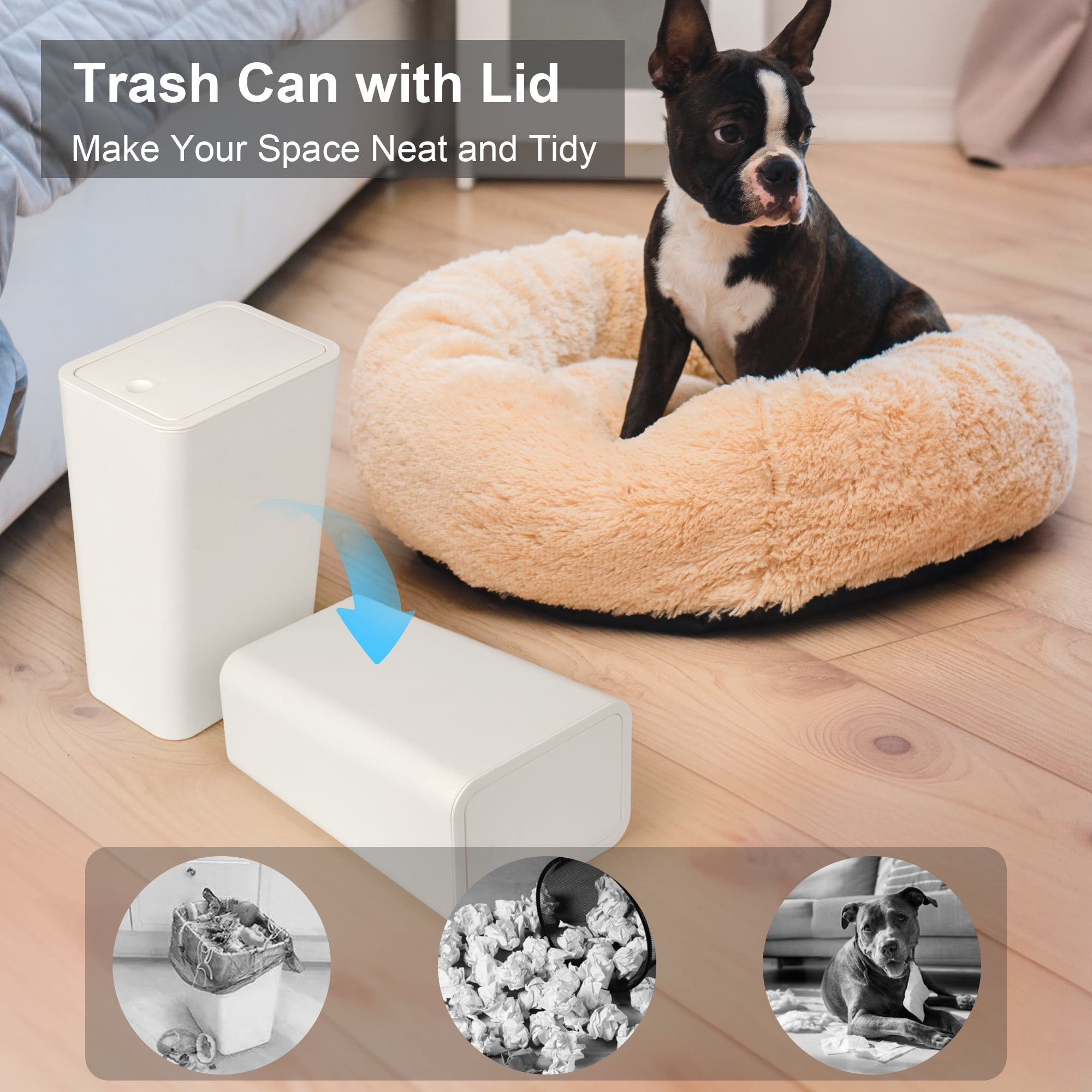 3 Pack Slim Plastic Trash Can, 2.6 Gallon Garbage Can with Press Top Lid, Modern Waste Basket for Bathroom, White