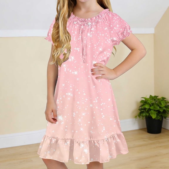 Cethrio Girls' Nightgowns Size 6, Summer Loose Fit Short Sleeve Mid-length Kids Sleep Dresses Sleepwear Multicolor Size 6