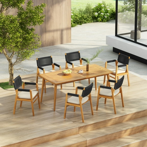 GDF Studio Boho 7-Piece Outdoor Dining Set with Acacia Wood Table and Rope-Back Chairs, Black Teak