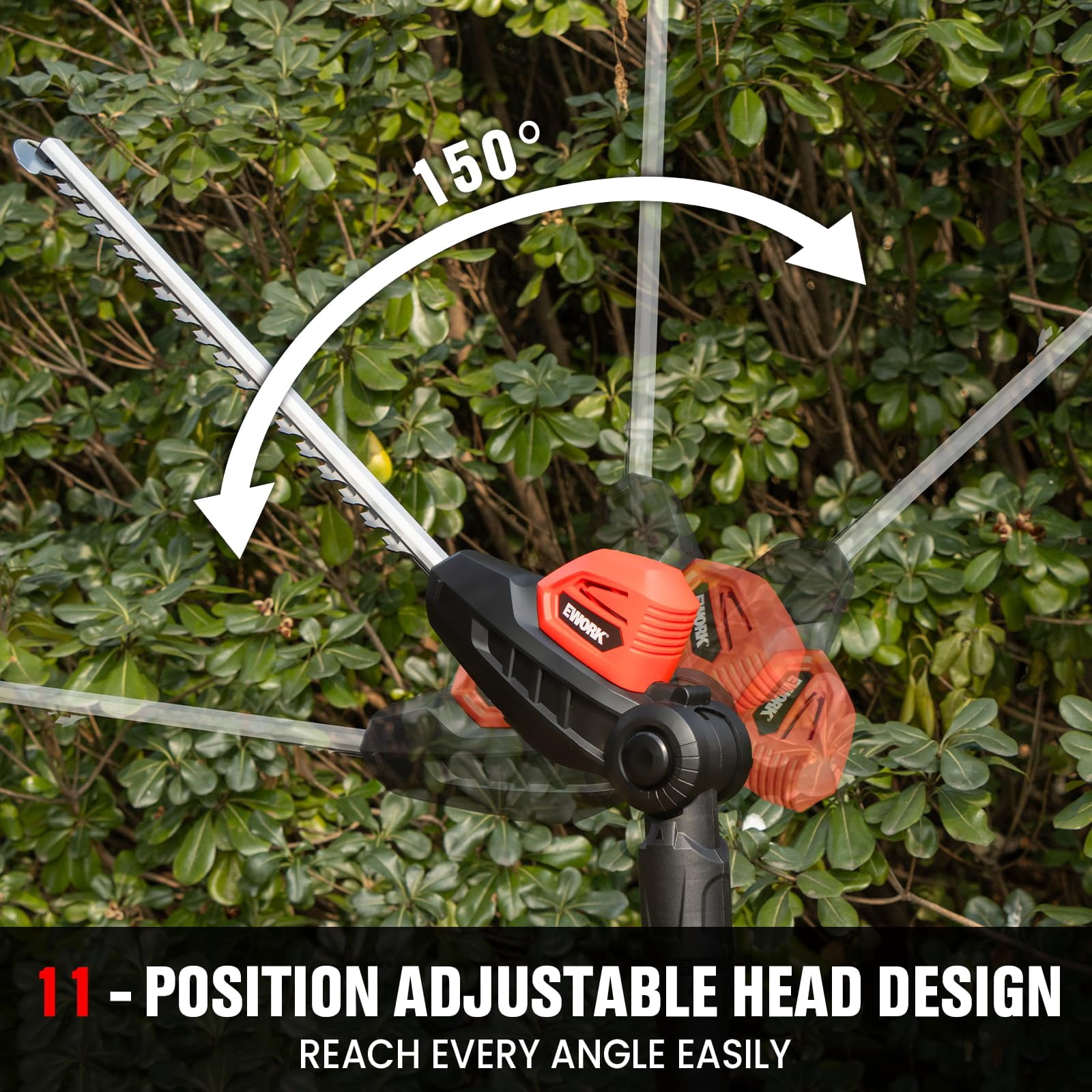 EWORK 20V Cordless Pole Hedge Trimmer, 18-inch Blade, 11-Angle Pivoting Head, 6.3-8.6 ft Reach, 6 lbs, 2 Batteries and Charger Included