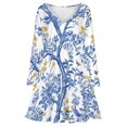 thumbnail image 3 of Blue Chinoiserie Bee Flower Long Sleeve Dresses For Women Vintage Elegant Party Dress Oversized V-neck Dress S-8XL, 3 of 7