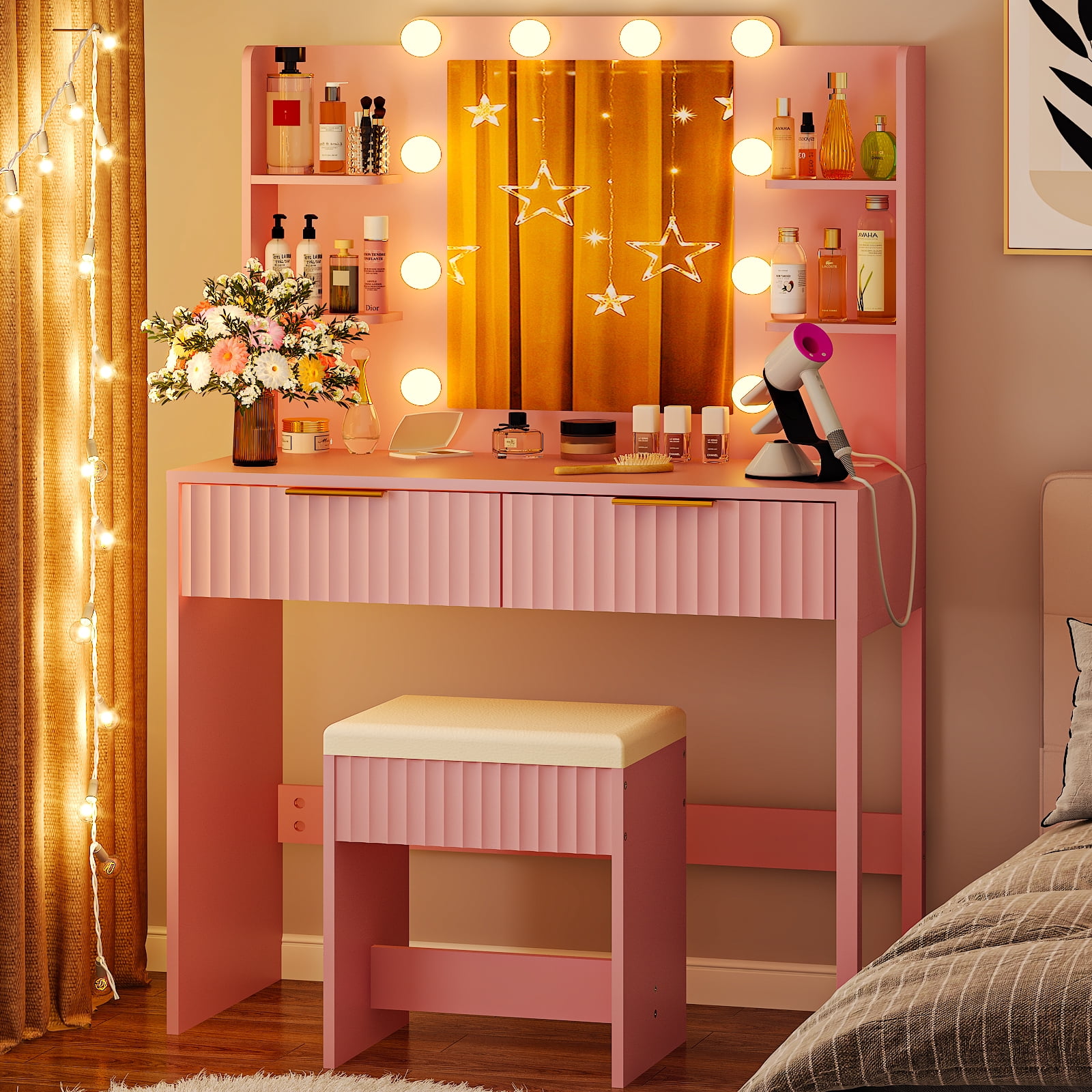 Ktaxon Lighted Makeup Vanity and Stool, Pink Vanity Table Set with 2 Drawer and Charging Station, Femal Gift