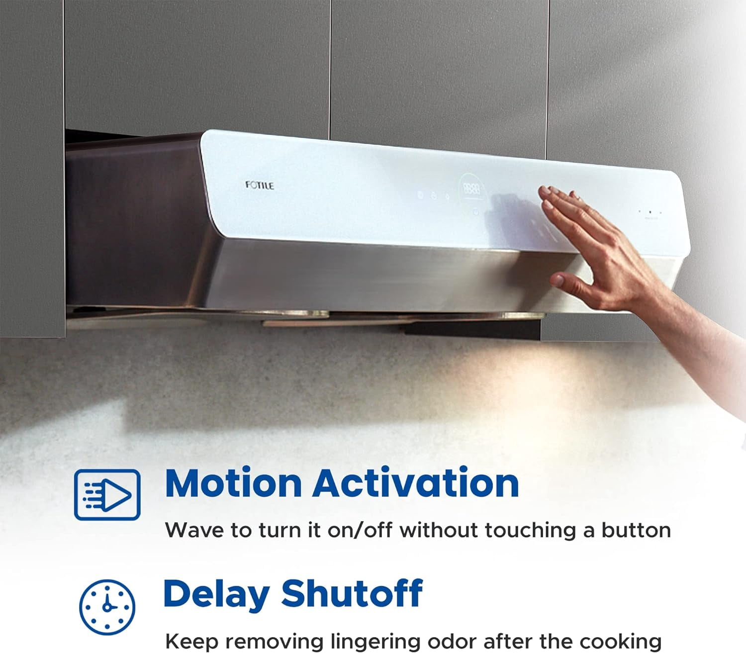 FOTILE Pixie Air UQG Stainless Steel Under Cabinet Range Hood, 850 CFMs Kitchen Over Stove Exhaust Vent with LED Lights Dual AC Motors, Motion Control and Touchscreen