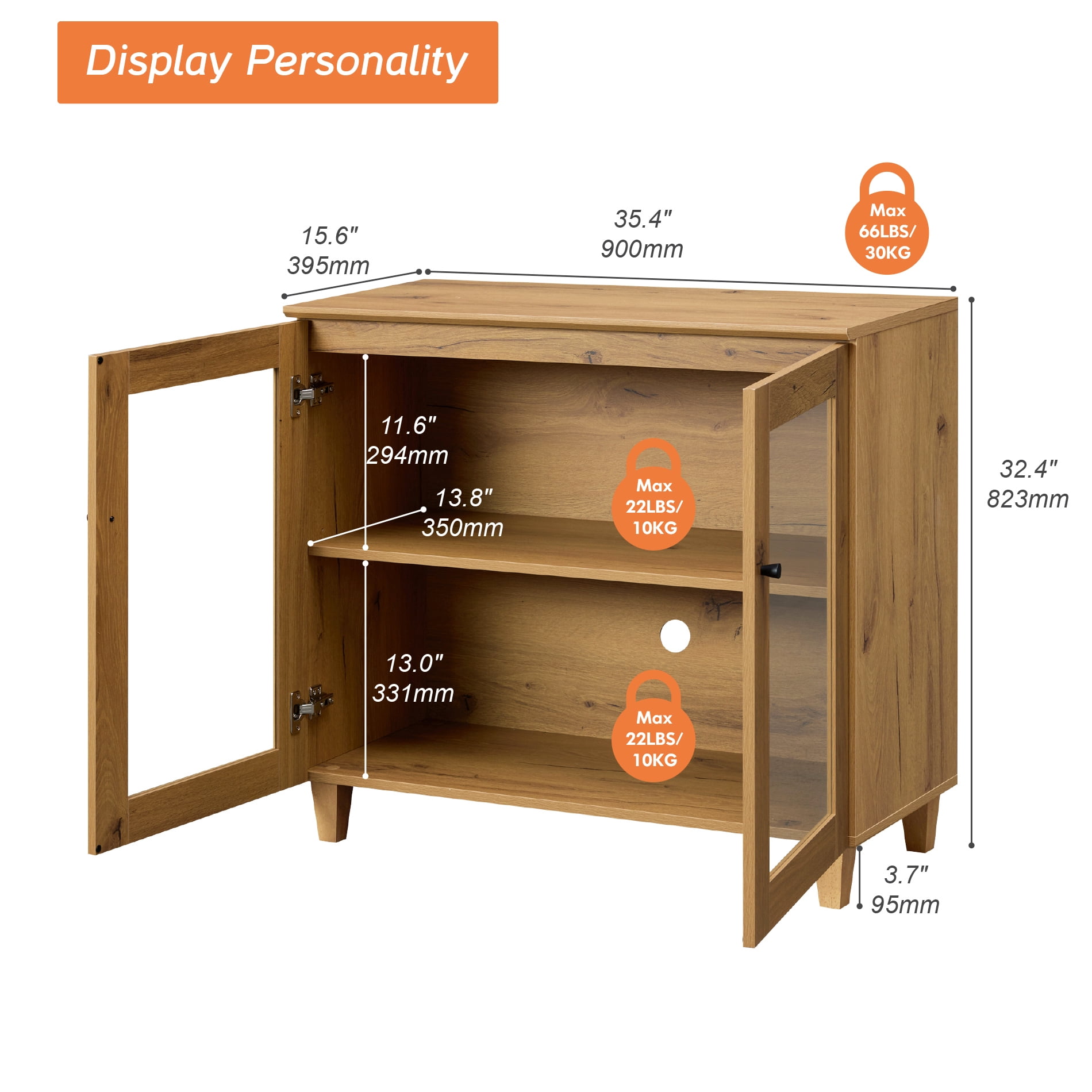 Modern Glass‑Door Storage Cabinet, Bedroom Organizer – Adjustable Shelves, Anti‑Tip, Oak Brown, 35" W