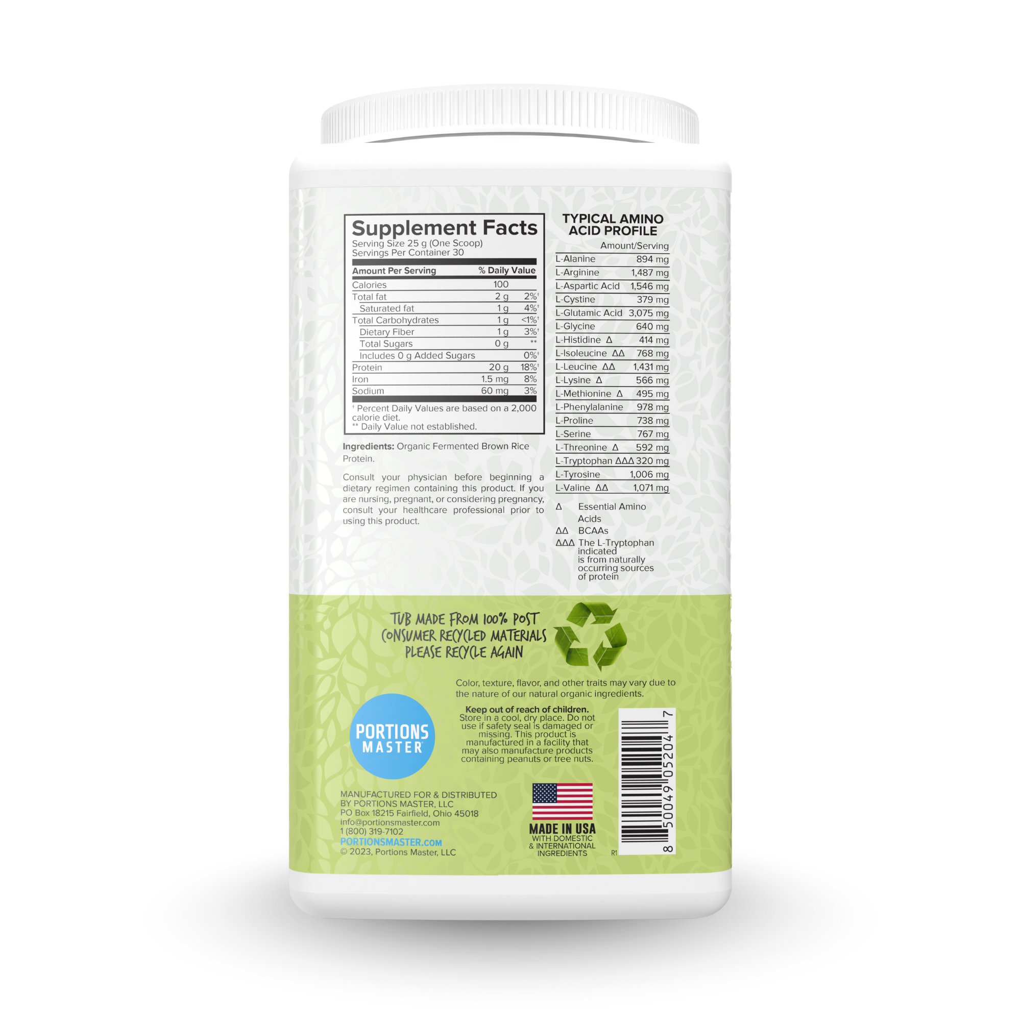Portions Master Plant Protein Powder, Vegan, Gluten-Free, Dairy-Free (Unflavored 750g)
