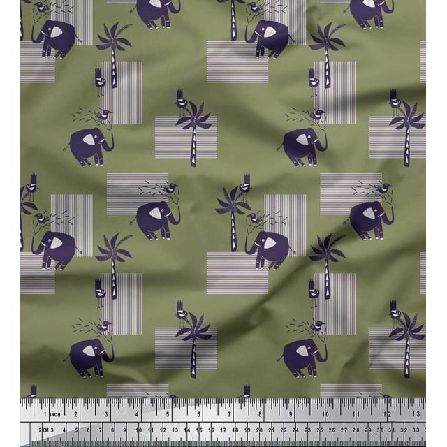 Soimoi Silk Fabric Bird,Coconut Tree & Elephant Kids Print Sewing Fabric Yard 42 Inch Wide
