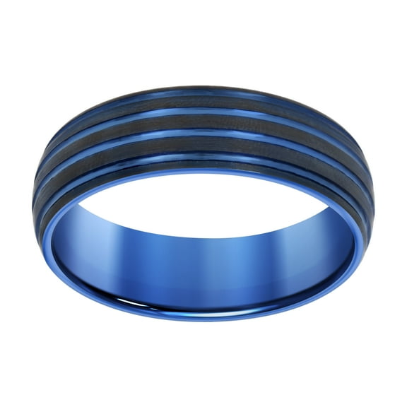 Men's Tungsten Blue & Black Two Tone Grooved Design Dome Comfort Fit 8mm Wedding Band | Size 7