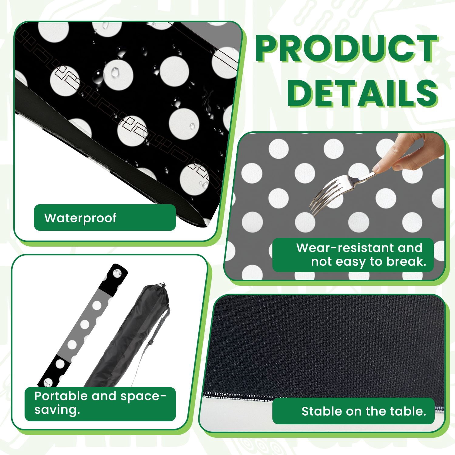 Mahjong Mat 31.5" x 31.5" Seamless black polka dots white Non-Slip Noise Reduction American Mahjong Tiles Table Cover for Dominoes Poker Card Board Games Gift