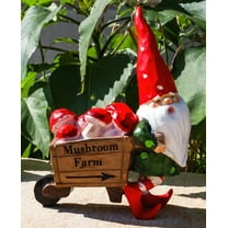 Whimsical Farmer Gnome Pulling Farm Mushrooms Wheelbarrow Fairy Garden Figurine
