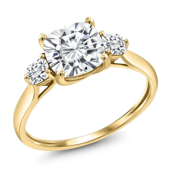 Gem Stone King 10K Yellow Gold White Moissanite Engagement Ring for Women | 1.96 Cttw | Cushion 7MM | Gemstone Birthstone | Three Stone Wedding Engagement Anniversary Promise Ring for Women | Size 8