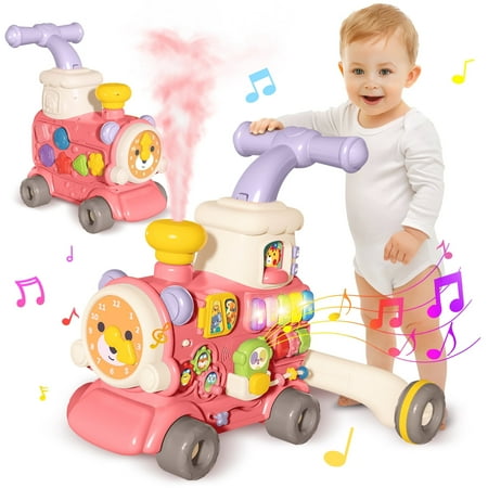 Hot Bee 3-in-1 Red Baby Walker Steam Train, Sit-to-Stand Push Toy with Activity Center, Lights, Music & Montessori Games for Toddlers Boys Girls 6-12 Months