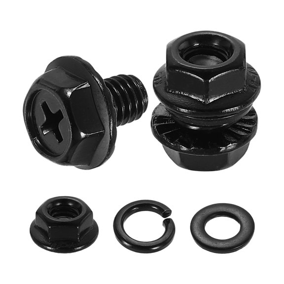 M6 x 8mm 10Pcs Phillips Flanged Hex Bolts with Nuts, Flat & Lock Washers, Black