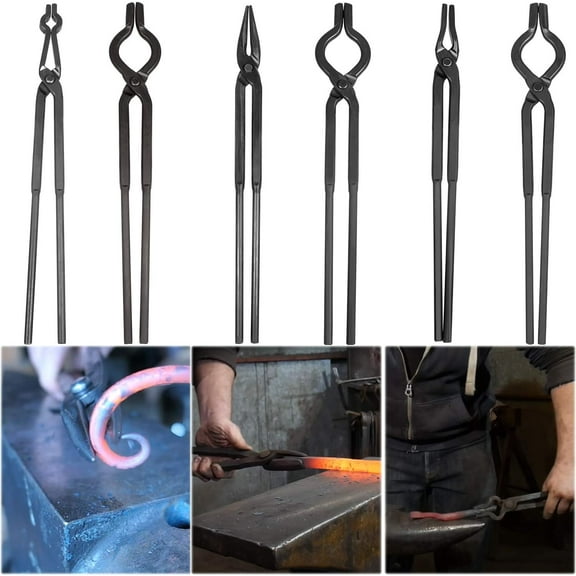 Beginner Versatile Blacksmith Tongs Blacksmith Forge Tong Tool Kit V-Bolt Tongs 3/8, 1/2, 5/8 & 1/4 Flat Jaw Tong & Pick Up Tong & Scrolling Tong (6Pcs)