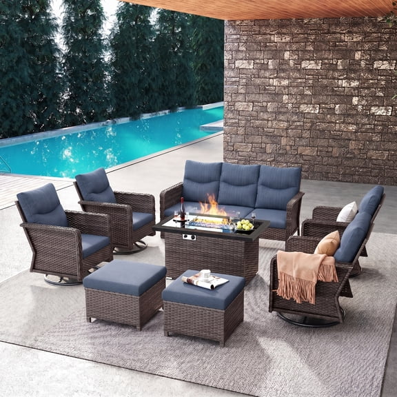 Brafab 9 Seat Outdoor Patio Furniture Sets with 44" Gas Propane Fire Pit Table and Cushions Wicker Rattan Sectional Sofa Patio Conversation Sets