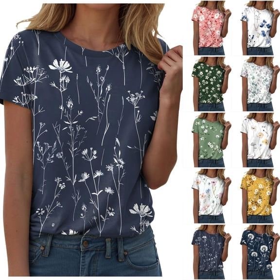 idosla Vintage Boho Floral T Shirt for Women Cute Colorful Wildflowers Graphic Short Sleeve Fashion Girl Botanical Tee Tops (Army Green, S)