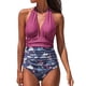 thumbnail image 1 of Traje de baño de una pieza para mujer, cuello en V profundo, espalda descubierta, estampado de flores, empalme, traje de baño Halter púrpura XXL, 1 of 5