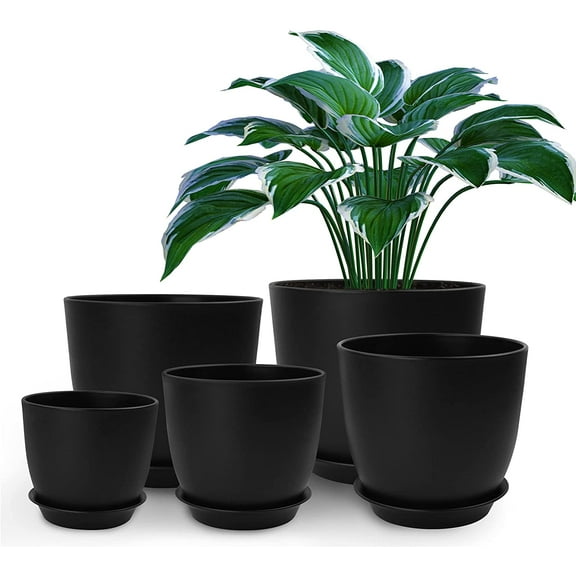 Lanccona Plastic Planter with Saucers,8/7/6/5.5/5 Inch Flower Pot Indoor Modern Decorative Plastic Pots for Plants with Drainage Hole and Tray for All House Plants, Flowers, and Cactus, Black