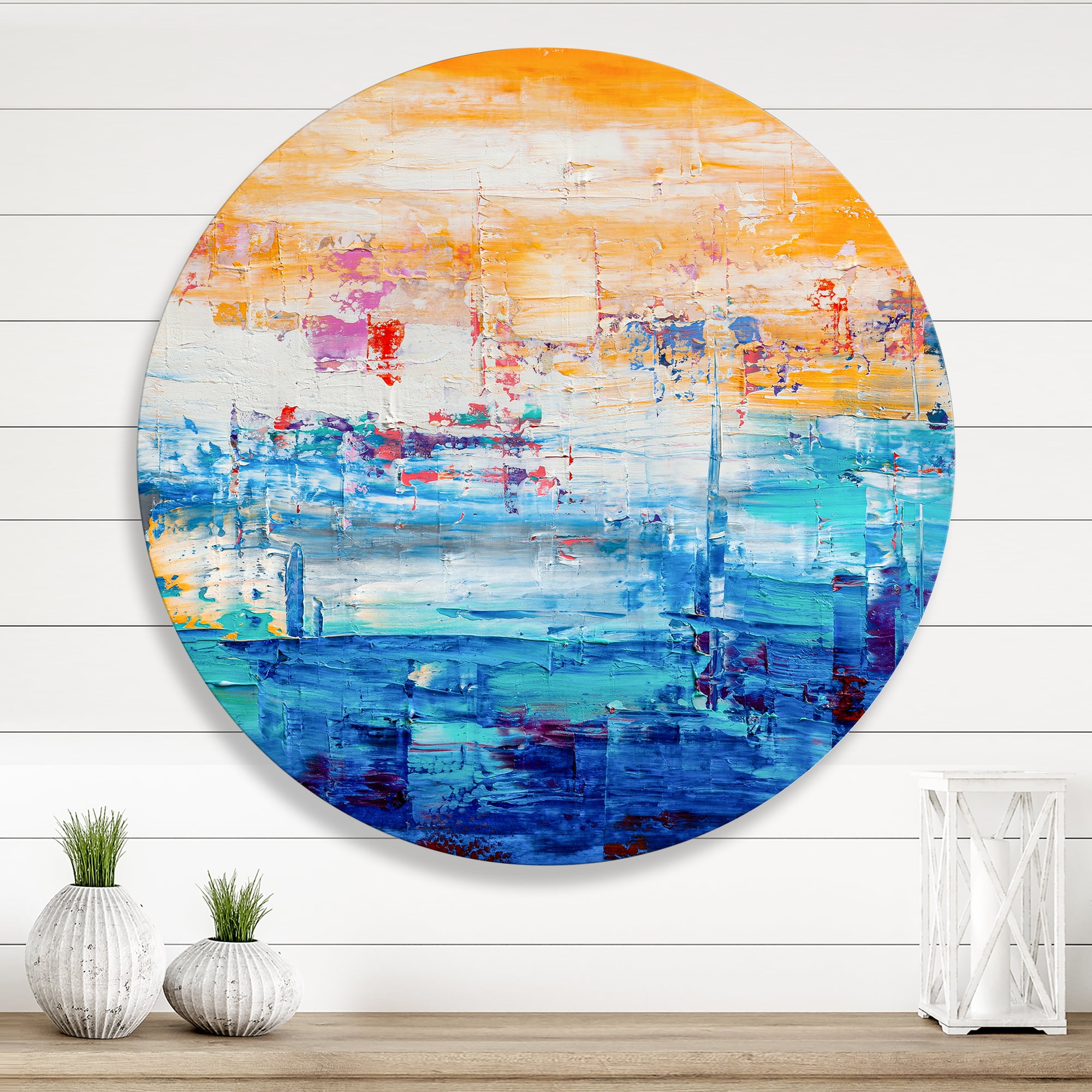 Designart 'Blue Meet Orange Abstract' Modern Circle Metal Wall Art 23x23 - Disc of 23