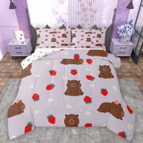 Castle Fairy Cartoon Capybara 3 Pieces Queen Comforter Set for Preppy Child,Kawaii Floral Strawberry Ultra Soft Bedding Sets,Cute Animal Bedding Comforter Set Breathable,Ultra Soft Home Decor