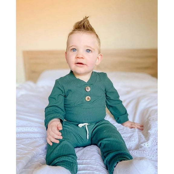 Kiapeise Infant Baby Knit Outfits Suits Buttons Round Neck Long Sleeve Romper Top   Elastic Long Pant