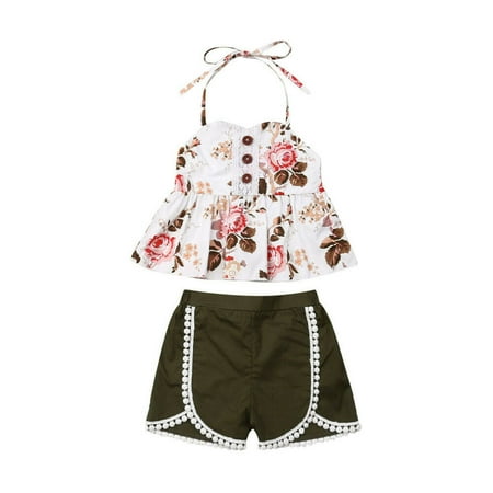 

Toddler Baby Girl Floral Printed Lace Splice Halter Tops Mini Dress+Tassel Short