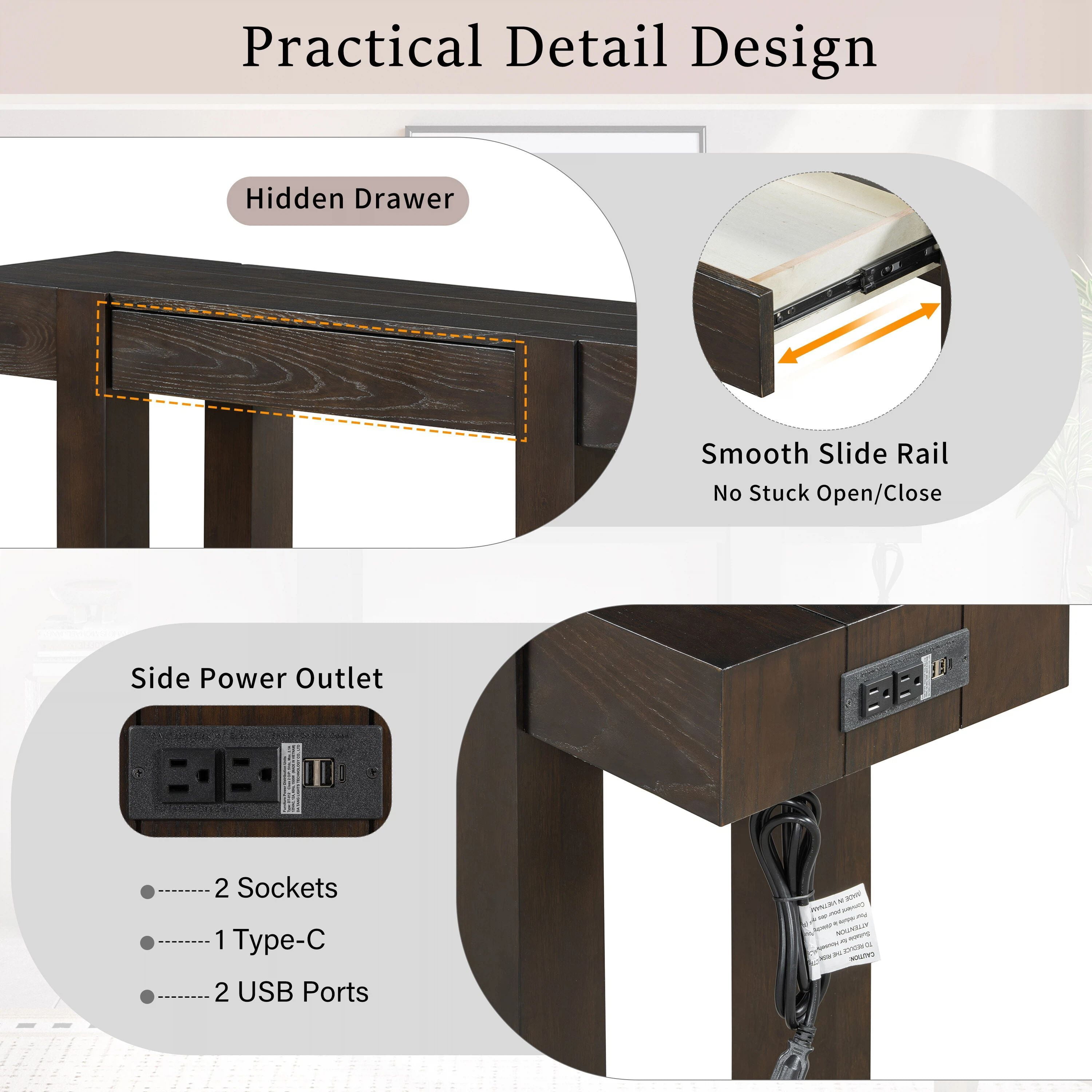 Euroco 47" Rustic Minimalist Console Table with Hidden Drawer & Side Power Outlet, Accent Entryway Table Sofa Table for Hallway Foyer Living Room,Espresso