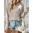 thumbnail image 6 of Women Long Sleeve Loose Pullover Knit Jumper, Star Knit Jumper Sweater, Round Neck Loose Knit Sweaters Khaki S, 6 of 9