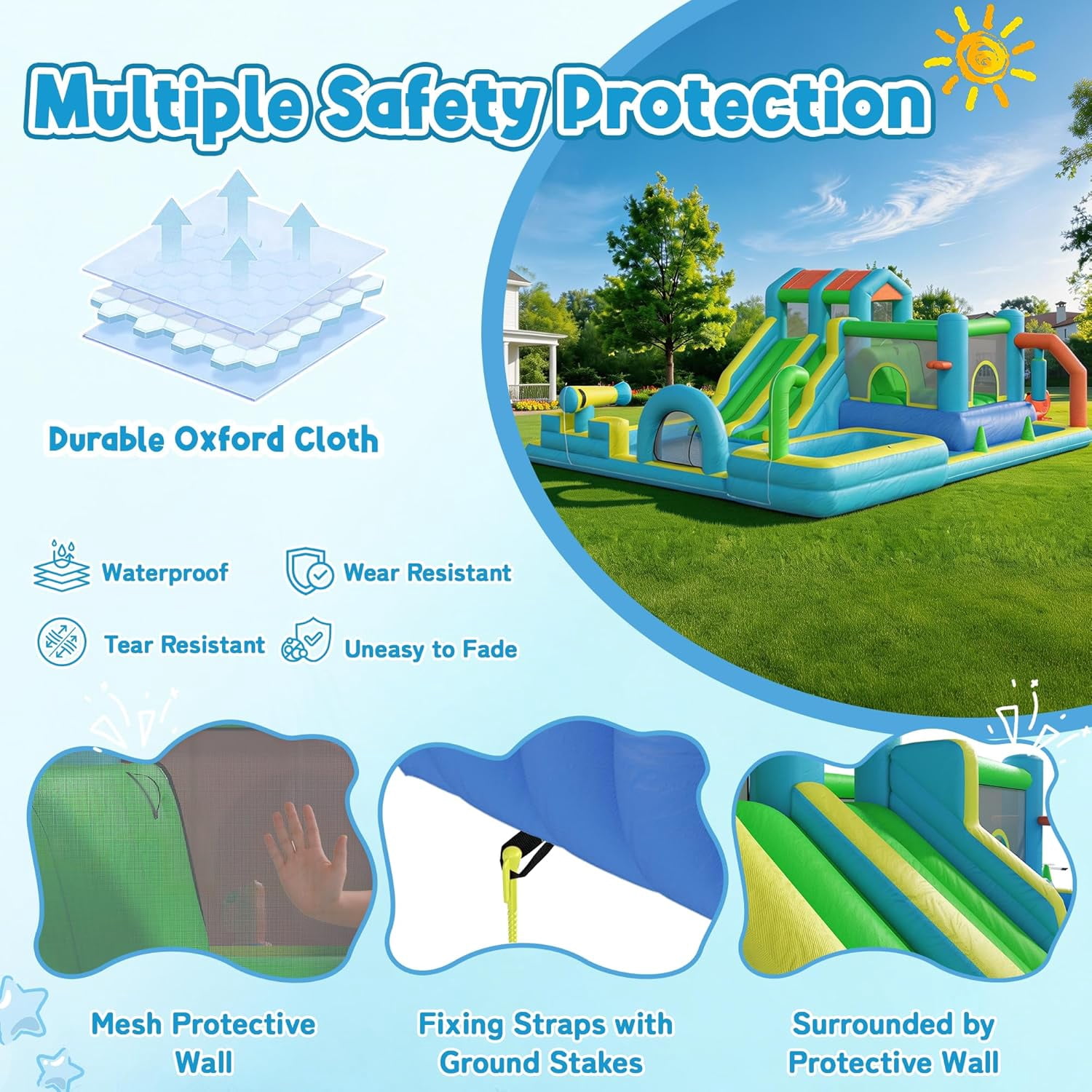 Hommow Inflatable Bounce House Double Water Slide with Blower, Climbing Wall, Water Gun, Splash Pool, Basketball Hoop, Indoor Outdoor Backyard