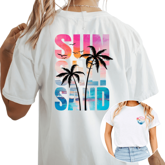 Sun Salt Sand Palm Tree Beach Graphic Comfortable Tees T-shirt Tops Short Sleeve Round Neck White S-5XL