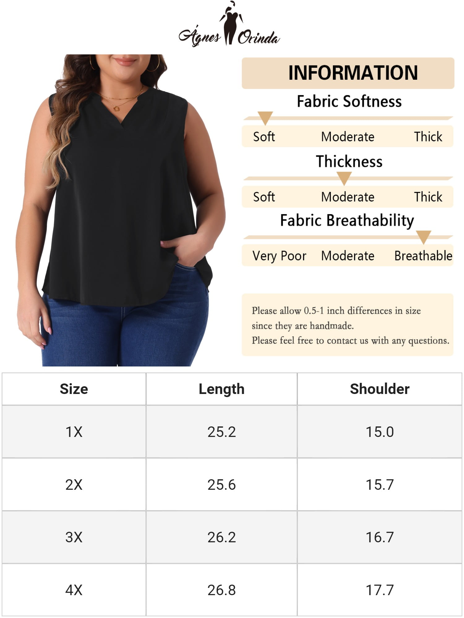 DARING DIVA Women's Plus Tank Tops V Neck Blouses Basic Tank 1X Black