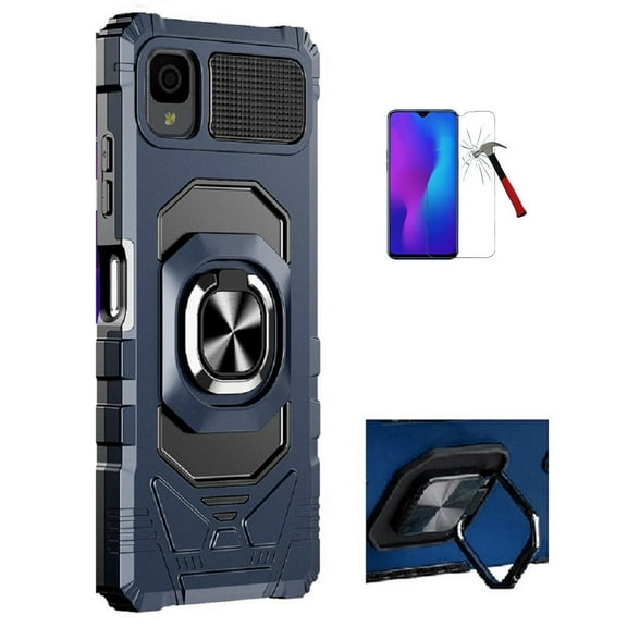 Phone Case for TCL 30Z/30 LE,  Ring Stand Tough Hybrid Case Cover   Tempered Glass Screen Protector (Blue)