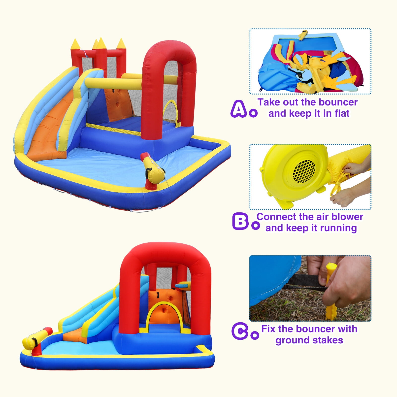 JOYLDIAS Kids Inflatable Water Slide Bounce House Splash Pool,Jumping Climbing with Air Blower,Water Guns