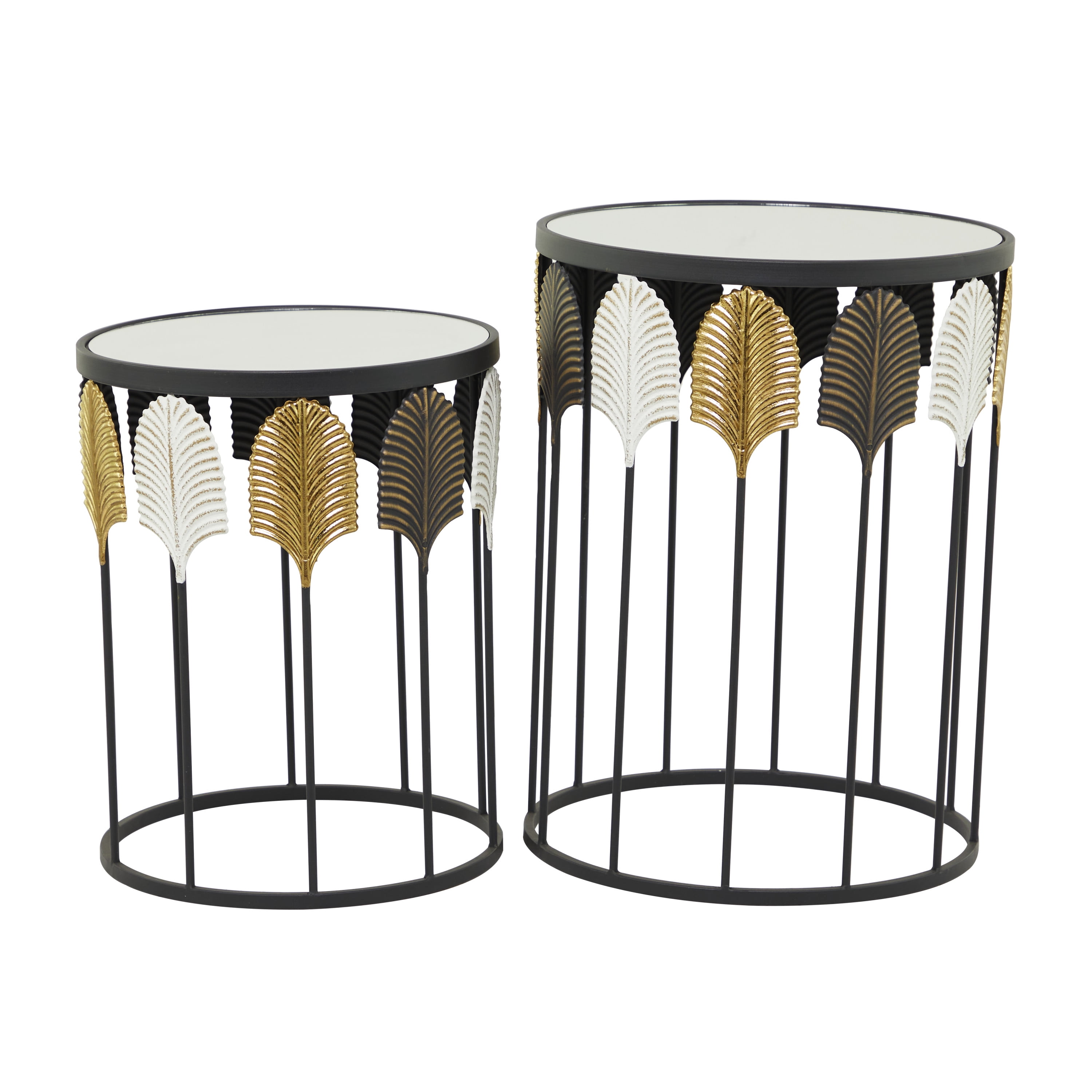 DecMode 18" x 24" Black Metal Leaf Accent Table with Mirrored Glass Top, 2-Pieces