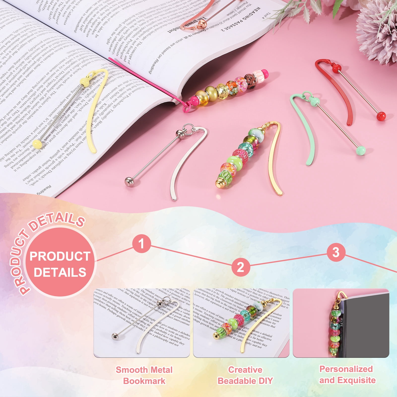 Uxcell Beadable Bookmarks, 20 Pcs Beaded Bookmark DIY Metal Blank Bar Bulk for Bookmark Craft, Candy Colors