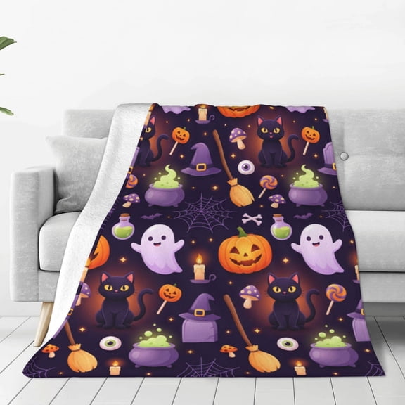 Black Cat Blanket, Halloween Witch Cauldron Broom Hat Potion Ghost Jack O Lantern Print, Cozy Flannel Dorm Throw, Gift for Adults 50x40
