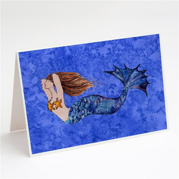 Brunette Mermaid on Blue Greeting Cards & Envelopes - Pack of 8