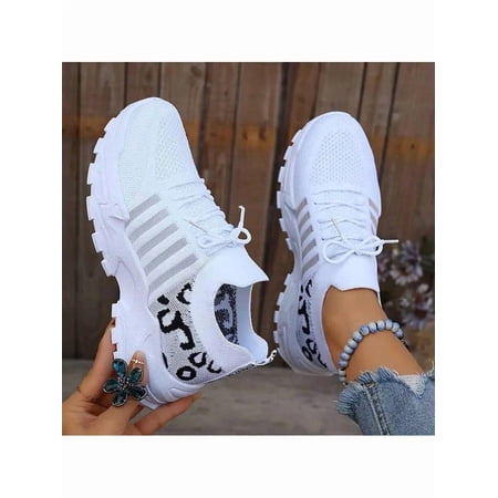 Ladies Casual Sports Shoes – Breathable Mesh Leopard Print Comfortable Sole Lightweight Fabric Stripe Decoration Lace-Up Non-Slip Running Shoes