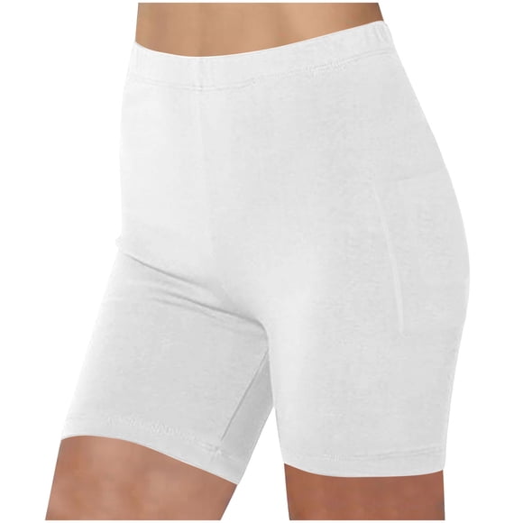Solid Color Leggings Shorts for Women, Workout Sports High Waisted Biker Shorts with Pockets Stretch Jean Shorts for Lady White XL